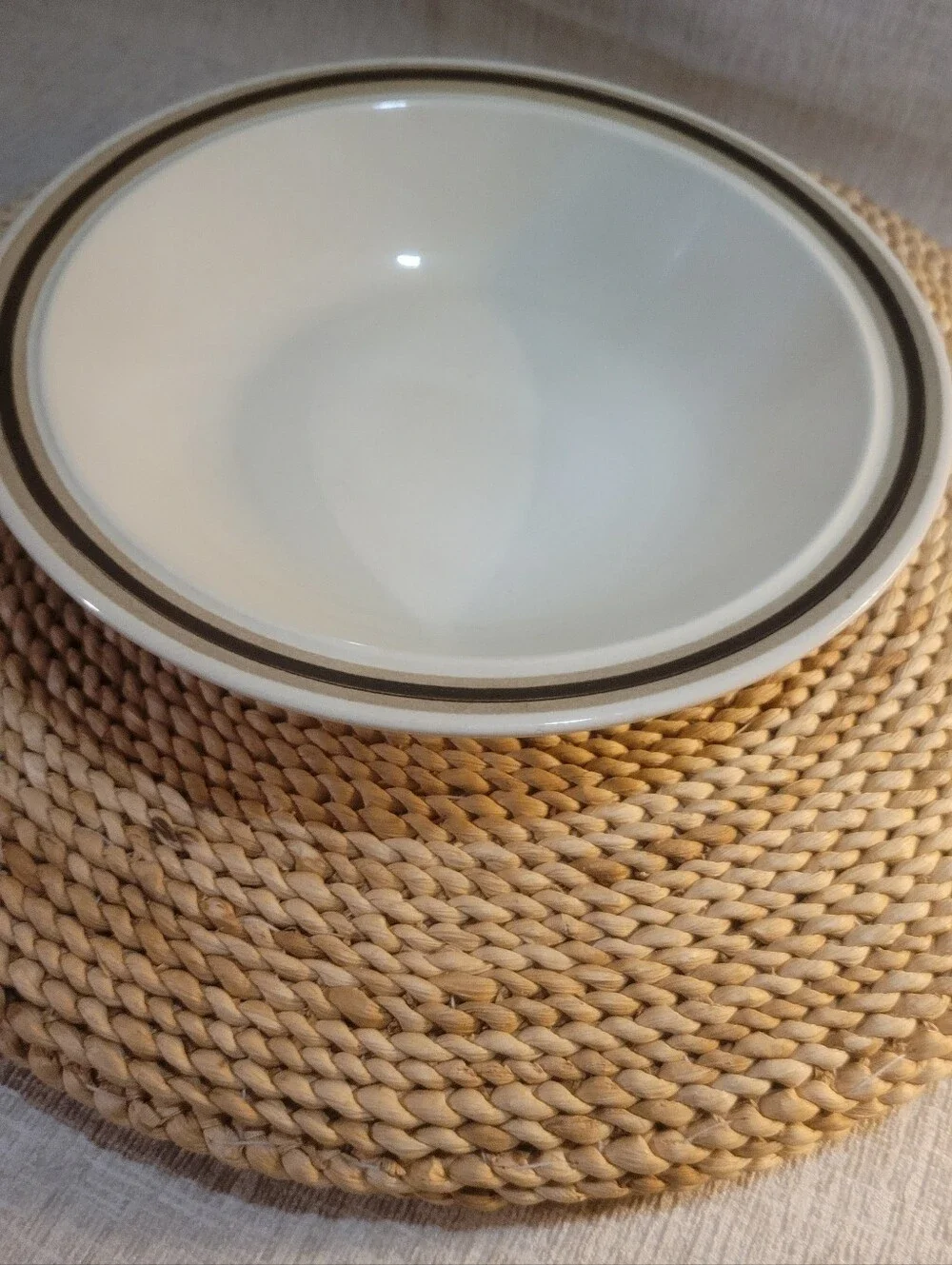Classic White Stoneware Serving Bowl with Brown Rim. Vintage